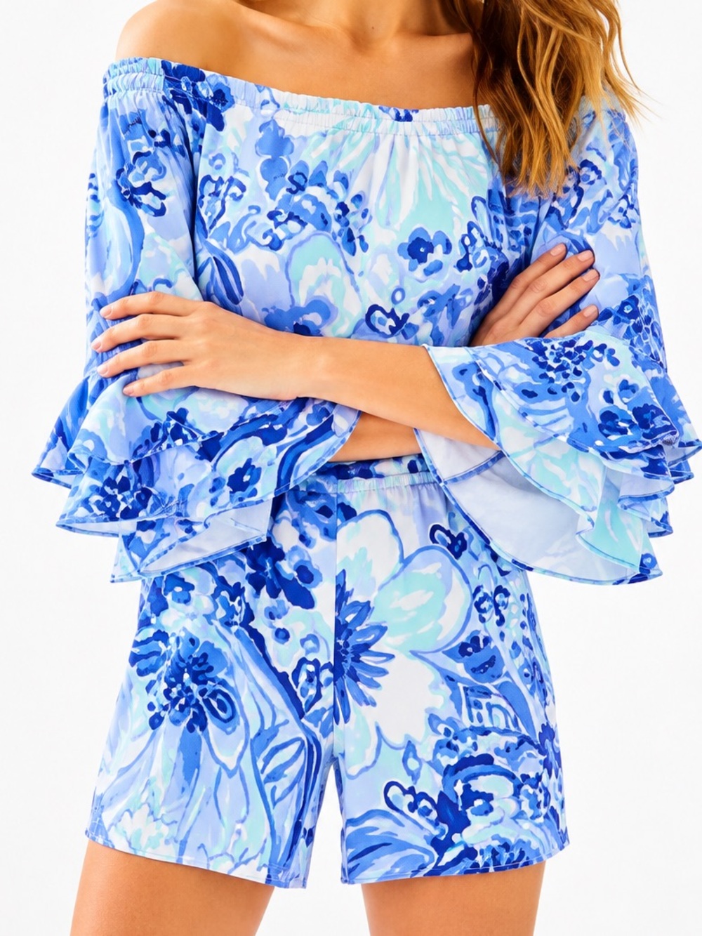 Lilly Pulitzer Calla Off-the-Shoulder Romper – Coastal Blue Catch N Keep – XS